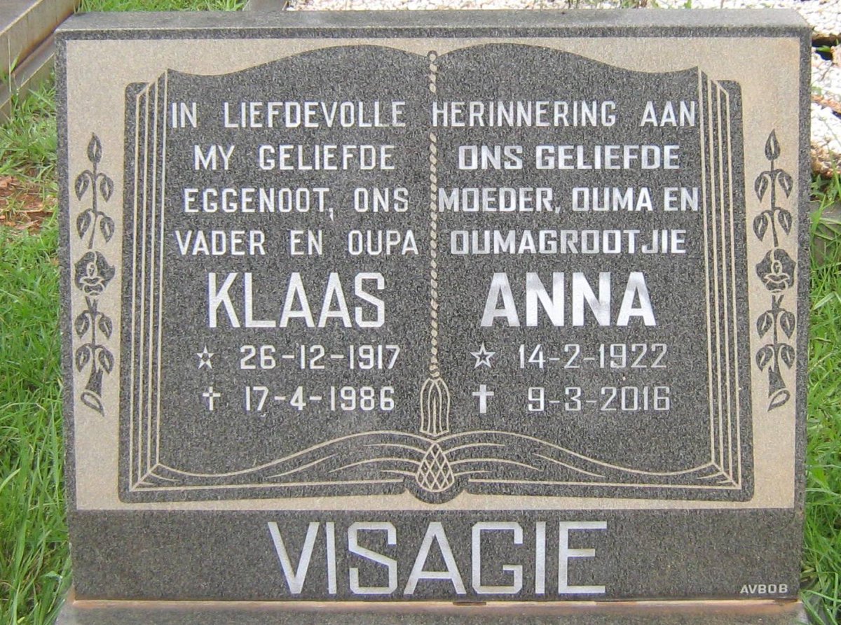 VISAGIE Klaas 1917-1986 &amp; Anna 1922-2016