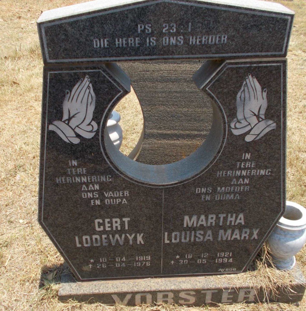 VORSTER Gert Lodewyk 1919-1976 &amp; Martha Louisa Marx 1921-1994