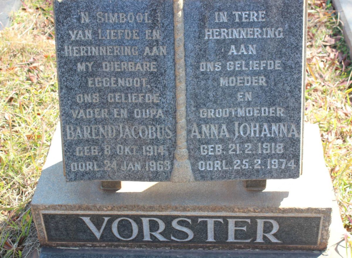 VORSTER Barend Jacobus 1914-1963 &amp; Anna Johanna 1918-1974