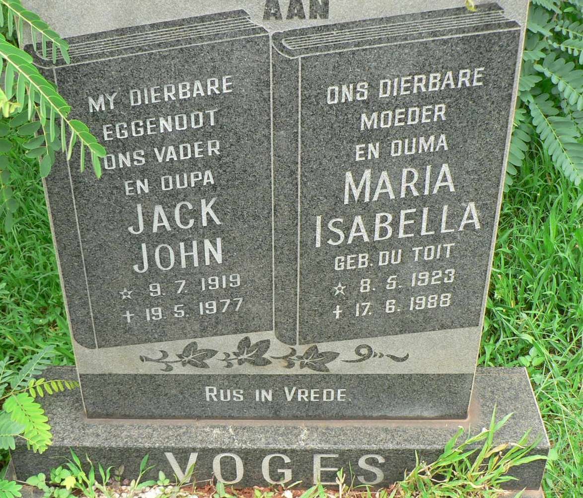 VOGES Jack John 1919-1977 &amp; Maria Isabella DU TOIT 1923-1988