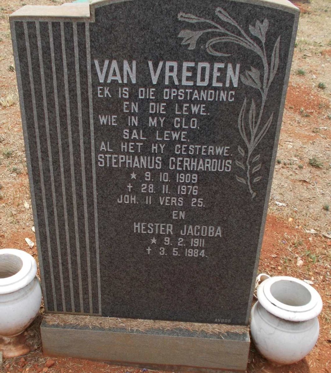 VREDEN Stephanus Gerhardus, van 1909-1976 &amp; Hester Jacoba 1911-1984