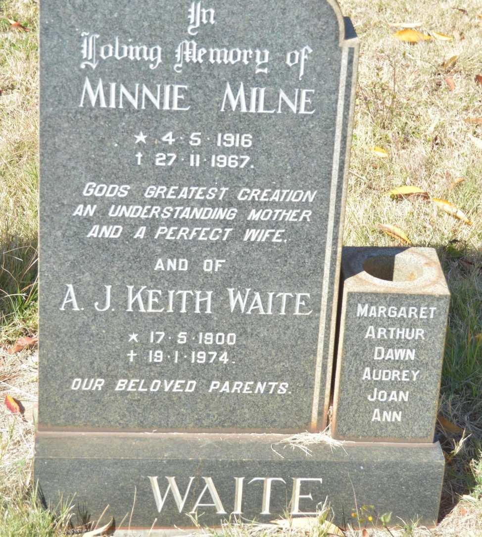 WAITE A.J. Keith 1900-1974 &amp; Minnie Milne 1916-1967