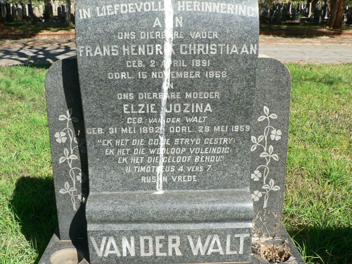 WALT Frans Hendrik Christiaan, van der 1891-1958 &amp; Elzie Jozina VAN DER WALT 1892-1959