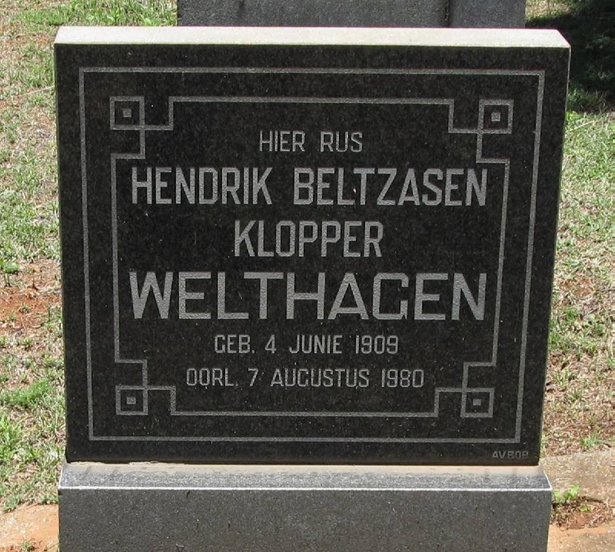 WELTHAGEN Hendrik Beltzasen Klopper 1909-1980