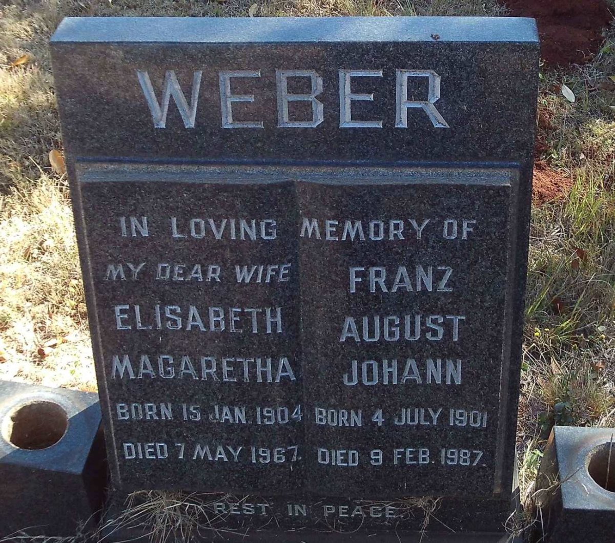 WEBER Franz August Johann 1901-1987 &amp; Elisabeth Magaretha 1904-1967