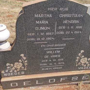 OELOFSE Christian Hendrik 1881-1964 &amp; Martha Maria Dumon 1887-1964 :: DE VRIES Willem 1913-1979