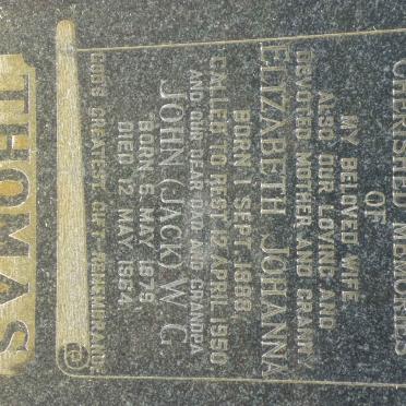 THOMAS John W.G. 1879-1964 &amp; Elizabeth Johanna 1888-1950