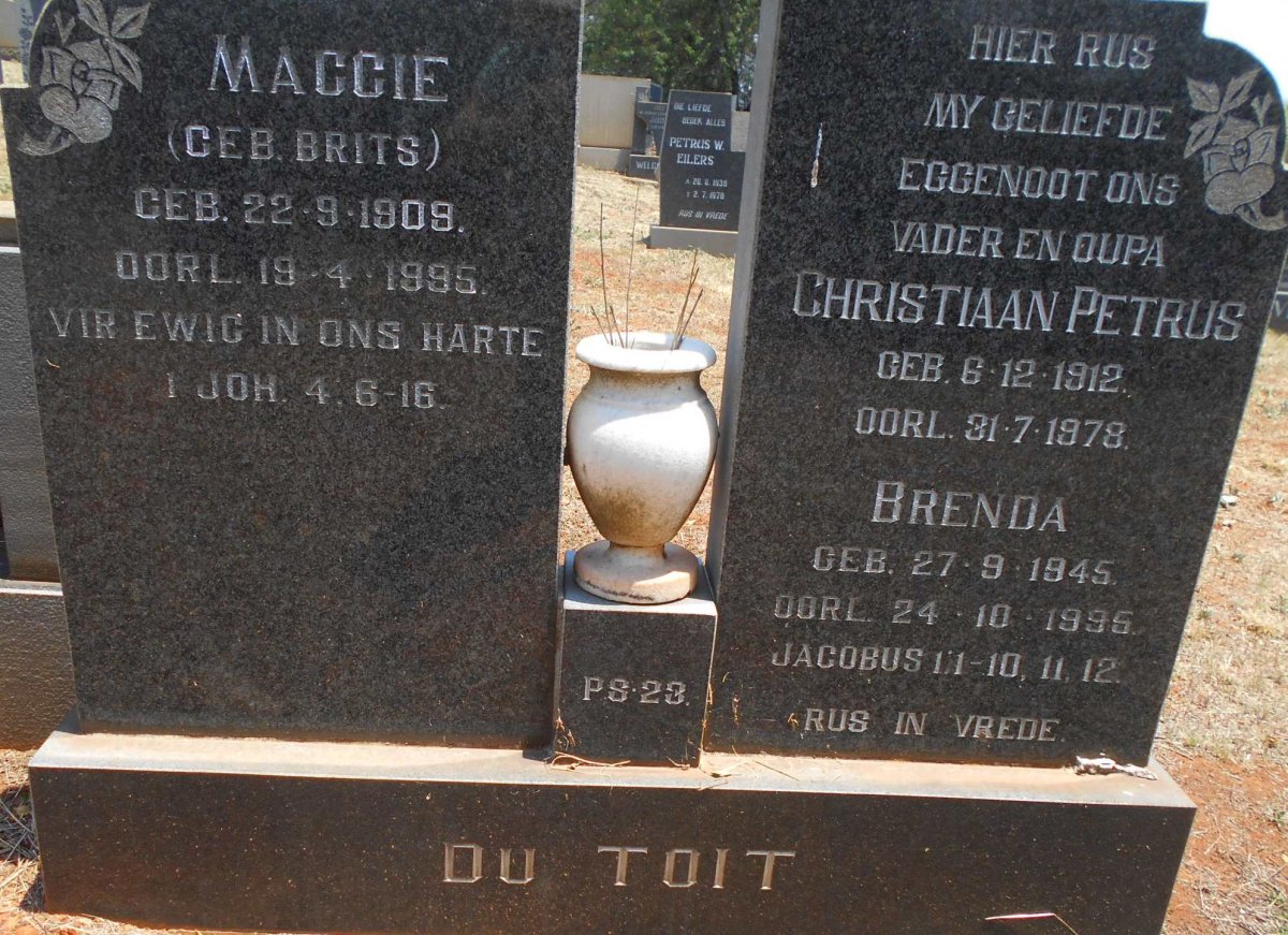 TOIT Christiaan Petrus, du 1912-1978 &amp; Maggie BRITS 1909-1995 :: DU TOIT Brenda 1945-1995