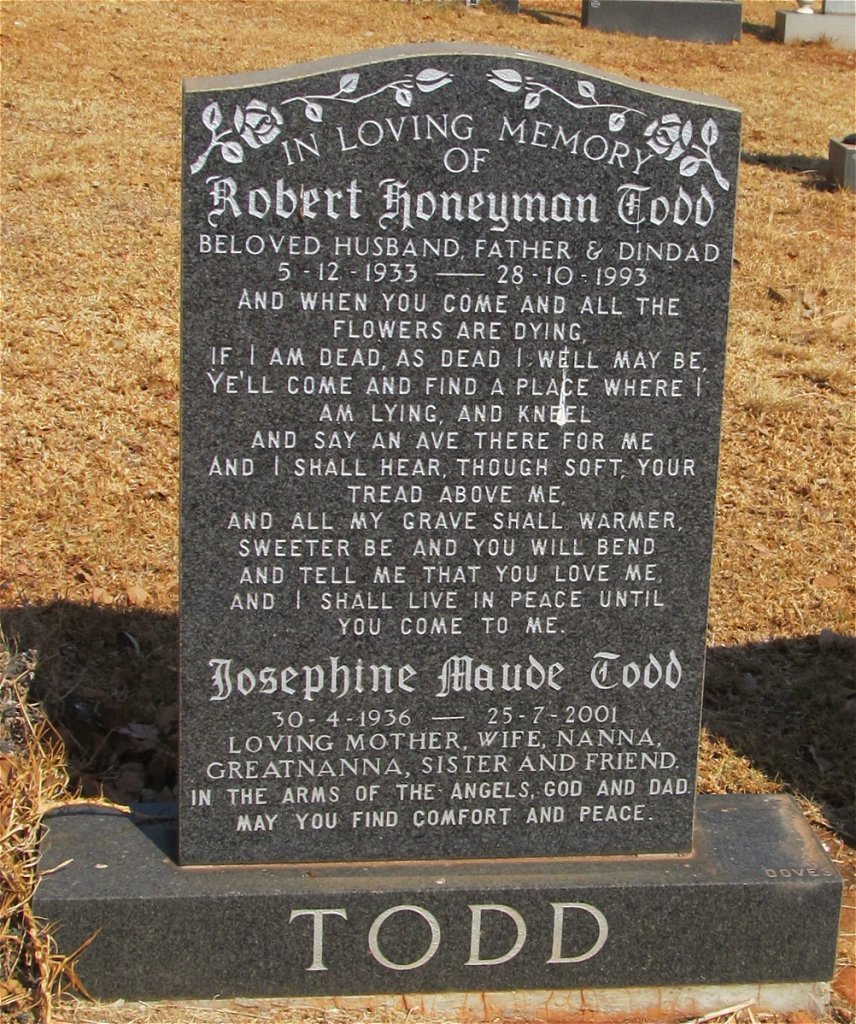 TODD Robert Honeyman 1933-1993 &amp; Josephine Maude 1936-2001