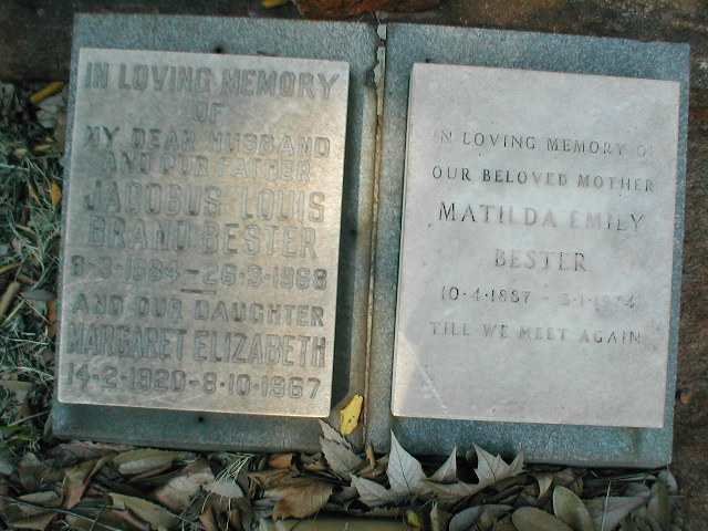 BESTER Jacobus Louis Brand 1884-1968 &amp; Matilda Emily 1887-1974 :: BESTER Margaret Elizabeth 1920-1967