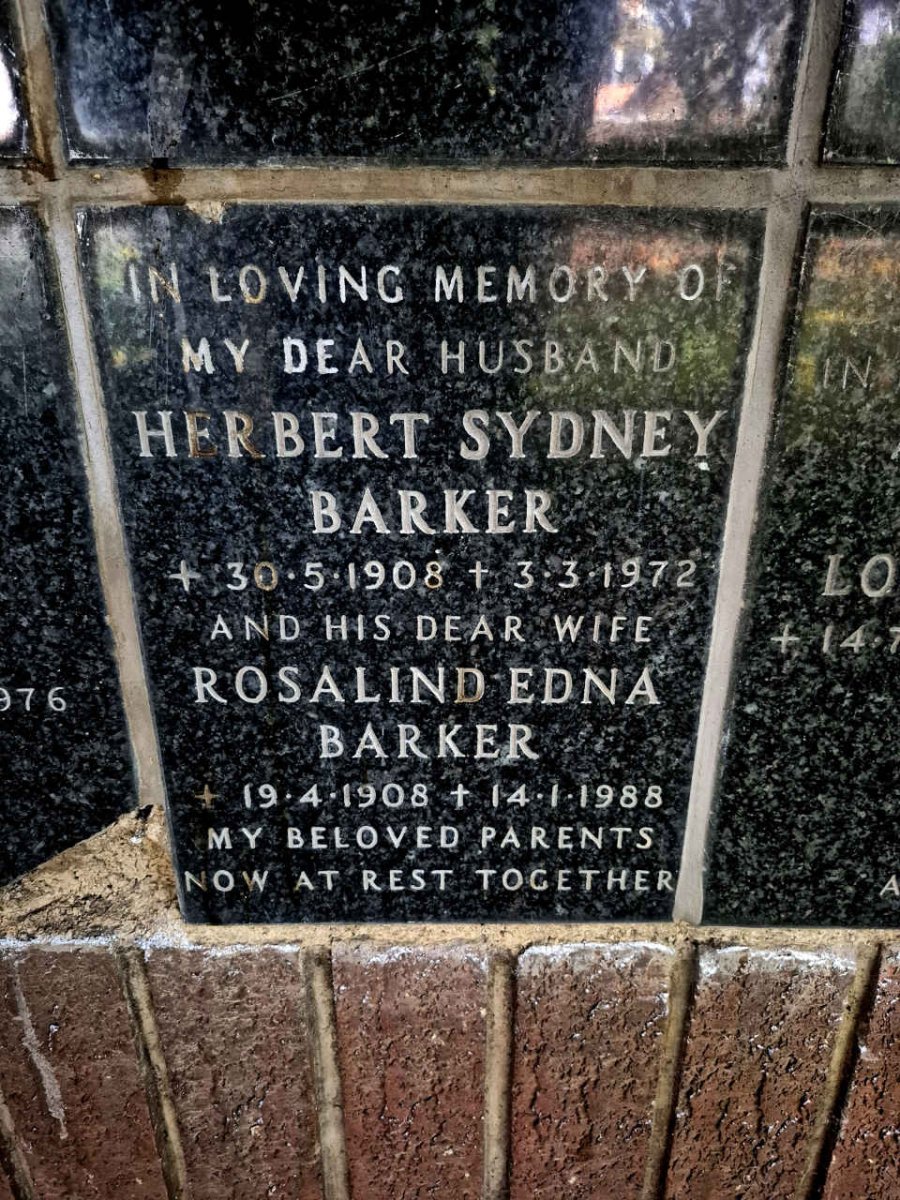 BARKER Herbert Sydney 1908-1972 & Rosalind Edna 1908-1988