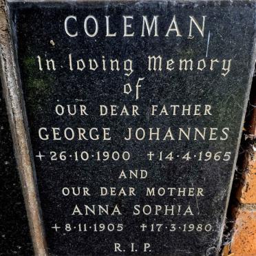 COLEMAN George Johannes 1900-1965 & Anna Sophia 1905-1980