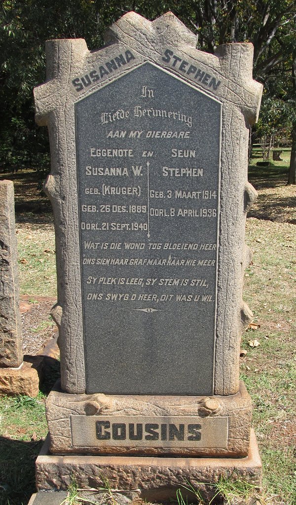 COUSINS Susanna W. nee KRUGER 1889-1940 :: COUSINS Stephen 1914-1936
