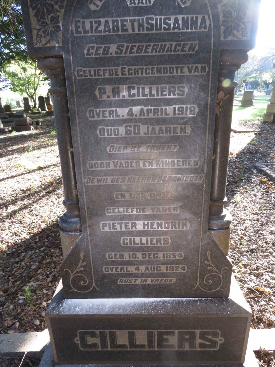 CILLIERS Pieter Hendrik 1854-1924 &amp; Elizabeth Susanna  SIEBERHAGEN -1918