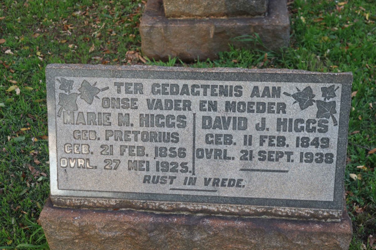 HIGGS David J. 1849-1938 &amp; Marie M. PRETORIUS 1856-1925