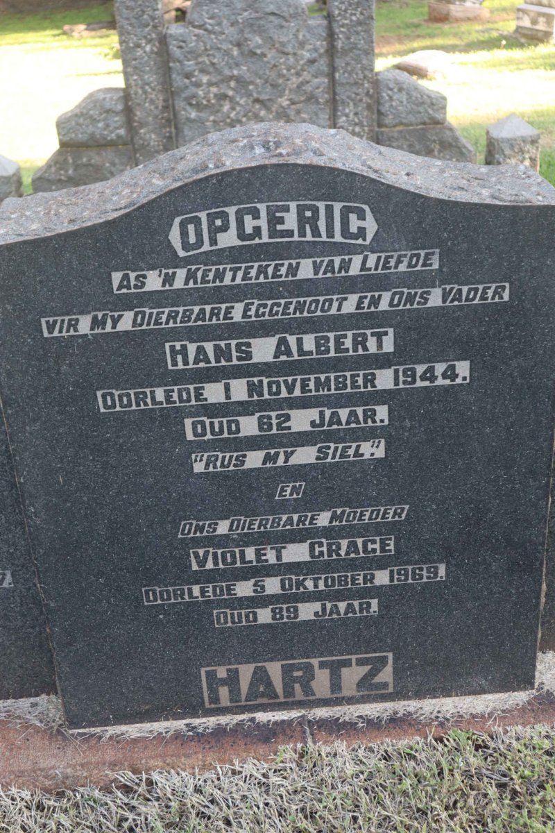 HARTZ Hans Albert -1944 &amp; Violet Grace 1969 :: BASSON Irene Maria nee HARTZ 1905-1957