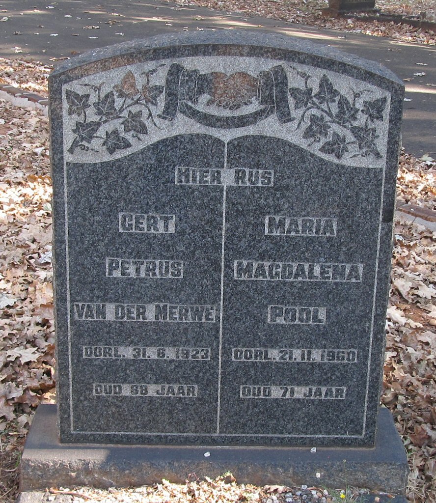 MERWE Gert Petrus, van der -1923 &amp; Maria Magdalena POOL -1960
