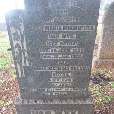 WYK Ella Maria Margrietta nee BOTHA 1893-1939 :: BOTHA  Anna Jacomina Helena nee BAM 