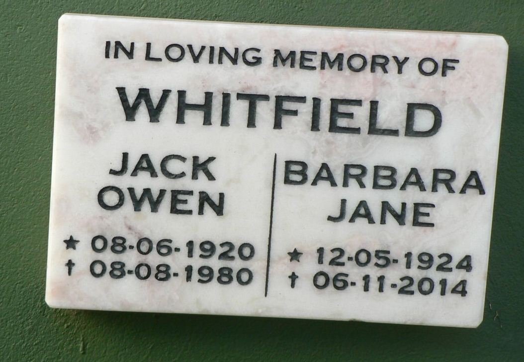 WHITFIELD Jack Owen 1920-1980 &amp; Barbara Jane 1924-2014