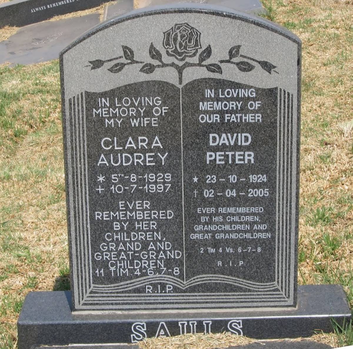 SAULS David Peter 1924-2005 &amp; Clara Audrey 1929-1997
