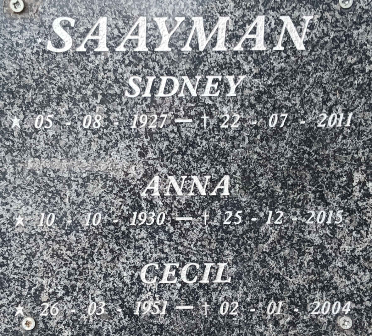 SAAYMAN Sidney 1927-2011 & Anna 1930-2015