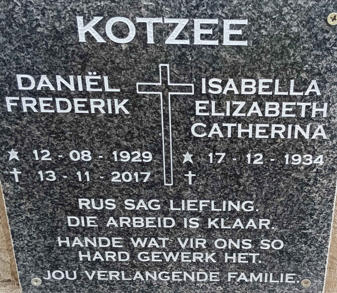 KOTZEE Daniel Frederik 1929-2017 & Isabella Elizabeth Catherina 1934-