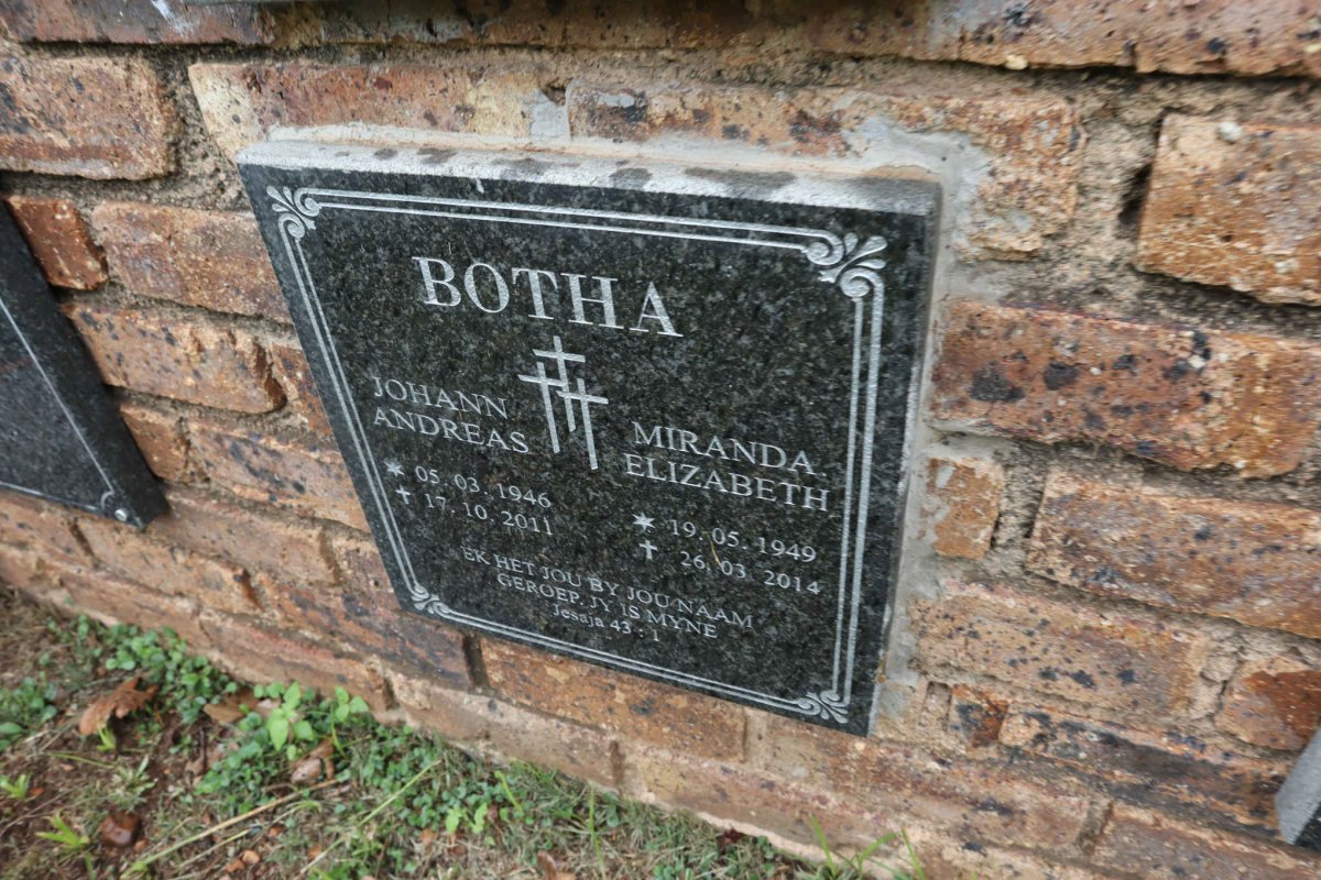 BOTHA Johann Andreas 1946-2011 &amp; Miranda Elizabeth 1949-2014