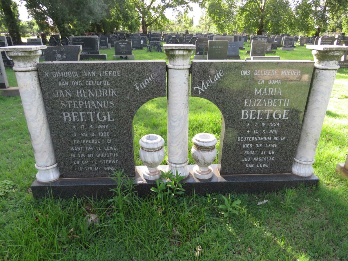 BEETGE Jan Hendrik Stephanus 1932-1986 &amp; Maria Elizabeth 1934-2011