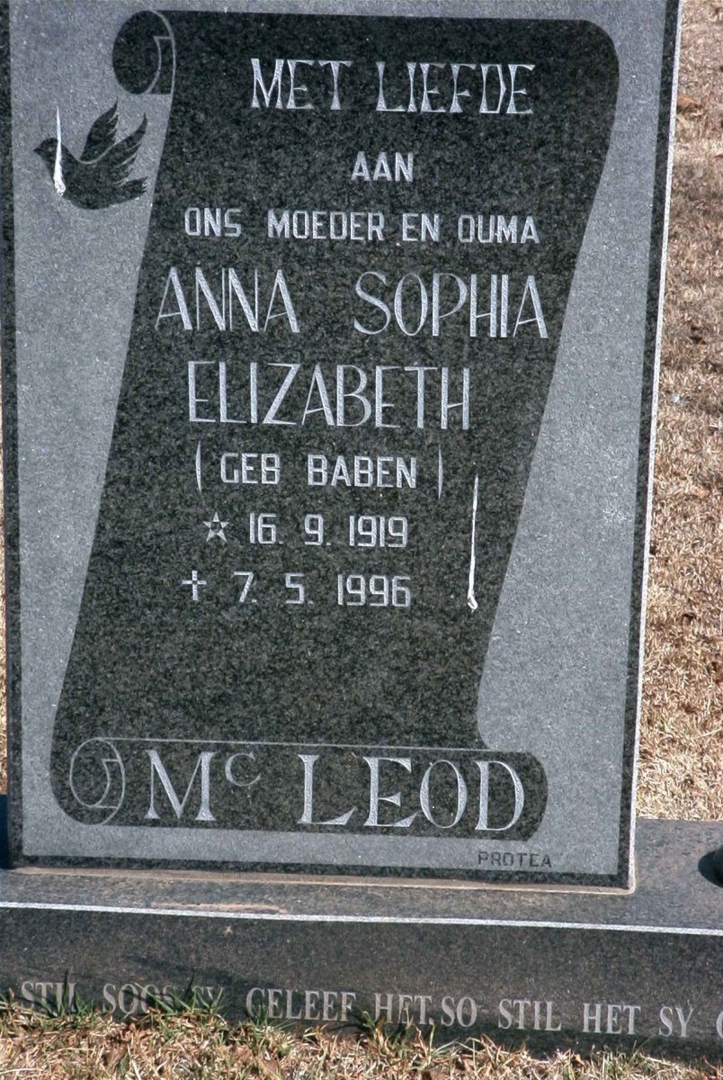 McLEOD Anna Sophia Elizabeth nee BABEN 1919-1996