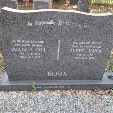 ROUX Jacobus Paul 1904-1971 &amp; Aletta Maria 1912-2003
