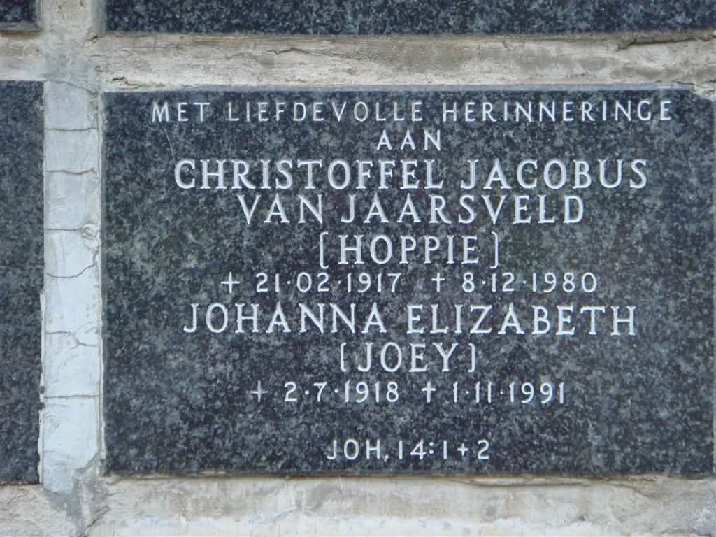 JAARSVELD Christoffel Jacobus, van 1917-1980 &amp; Johanna Elizabeth 1918-1991