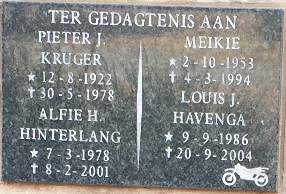 KRUGER Pieter J. 1922-1978 :: MEIKIE ? 1953-1994 :: HINTERLANG Alfie H. 1978-2001 :: HAVENGA Louis J. 1986-2004