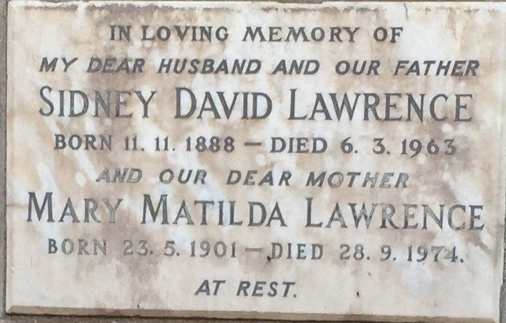LAWRENCE Sidney David 1888-1963 &amp; Mary Matilda 1901-1974