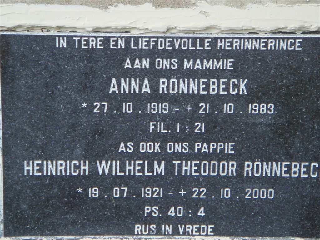 RÖNNEBECK Heinrich Wilhelm Theodor 1921-2000 &amp; Anna 1919-1983