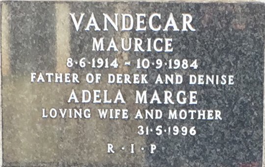 VANDECAR Maurice 1914-1984 &amp; Adela Marge -1996