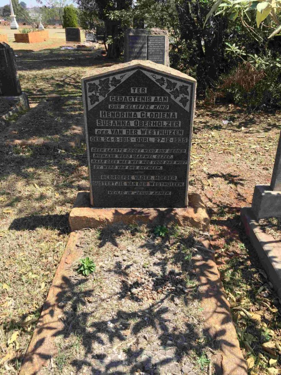 OBERHOLZER Hendrina Glodina Susanna nee VAN DER WESTHUIZEN 1915-1935