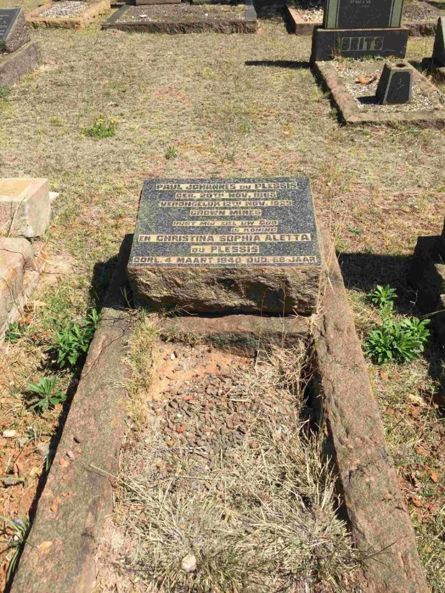 PLESSIS Paul Johannes, du 1865-1929 &amp; Christina Sophia Aletta -1940