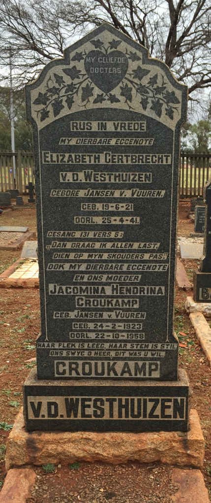 WESTHUIZEN Elizabeth Gertbrecht, v.d. nee JANSEN V. VUUREN 1921-1941