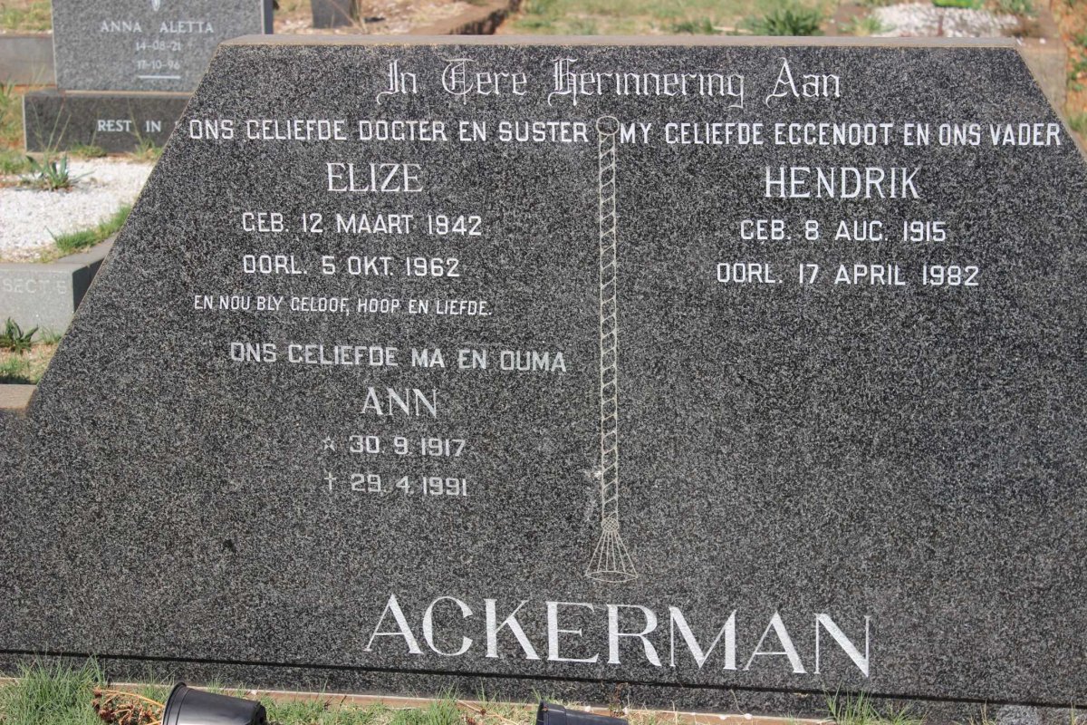 ACKERMAN Hendrik 1915-1982 &amp; Ann 1917-1991 :: ACKERMAN Elize 1942-1962