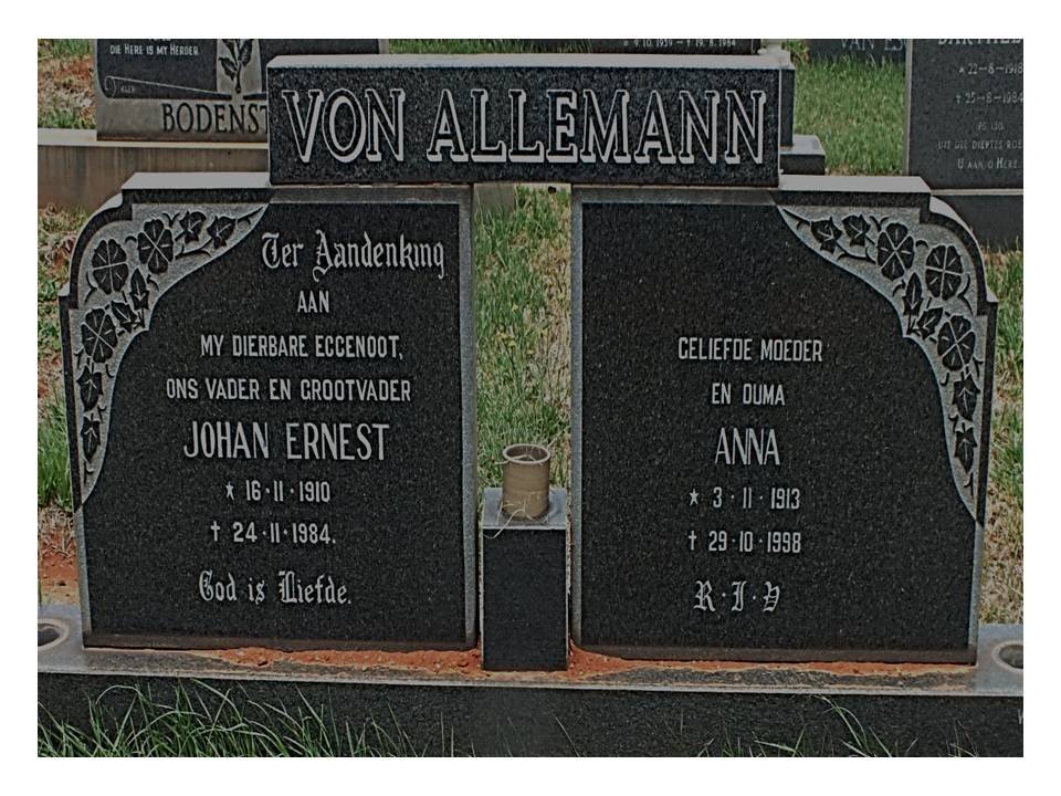 ALLEMANN Johan Ernest, von 1910-1984 &amp; Anna 1913-1998