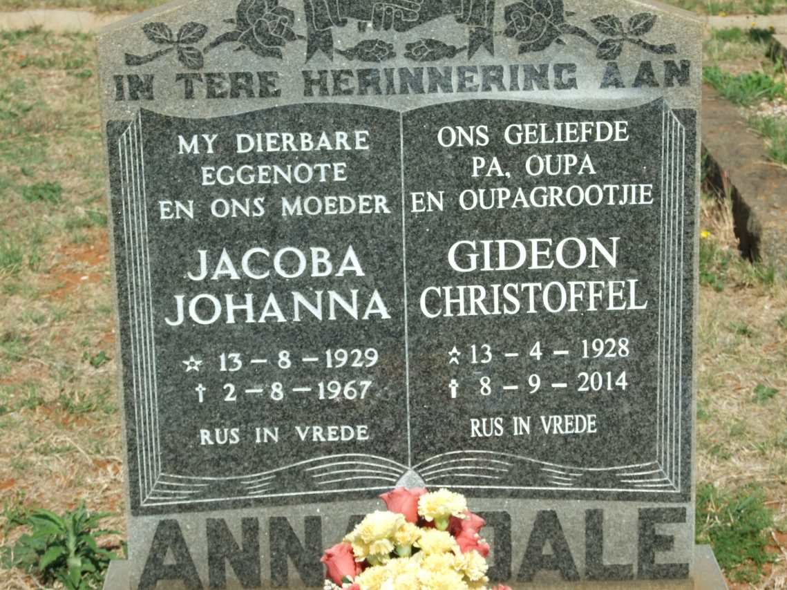 ANNANDALE Gideon Christoffel 1928-2014 &amp; Jacoba Johanna 1929-1967