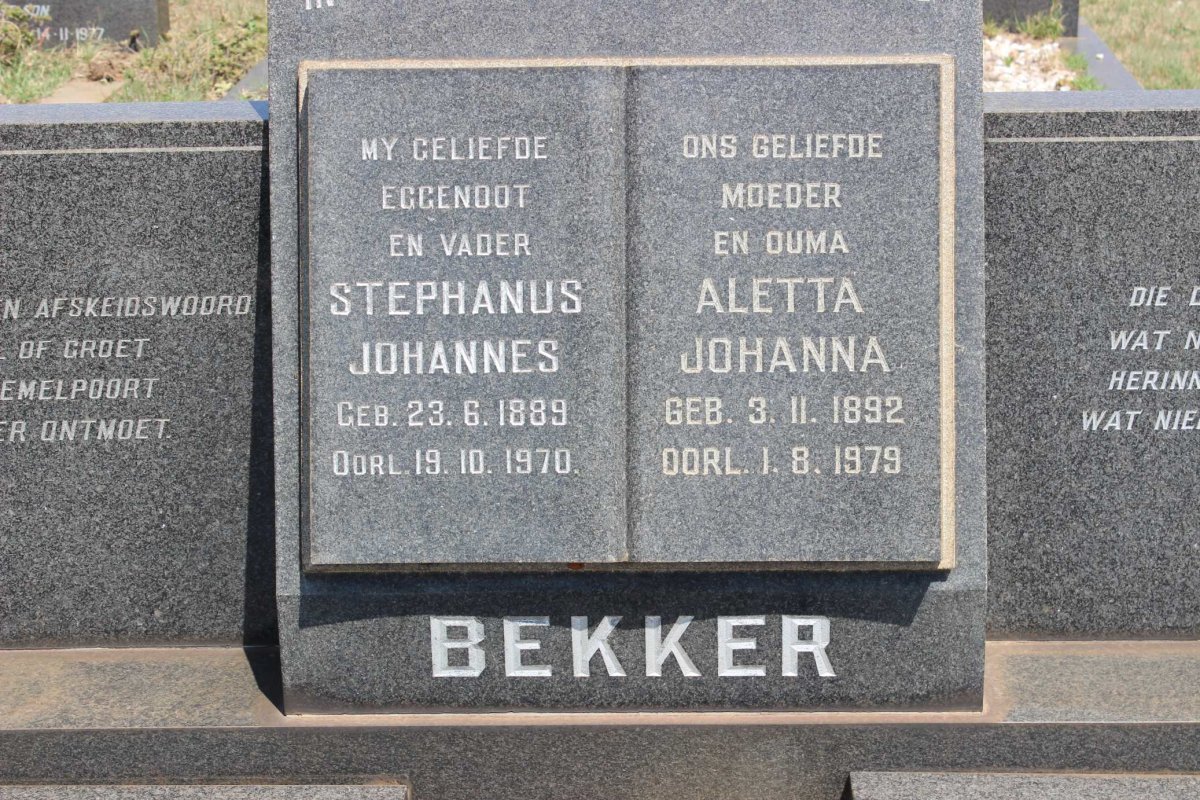 BEKKER Stephanus Johannes 1889-1970 &amp; Aletta Johanna 1892-1979