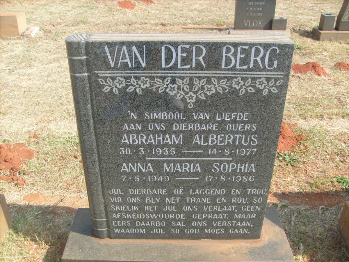 BERG Abraham Albertus, van der 1935-1977 &amp; Anna Maria Sophia 1949-1986