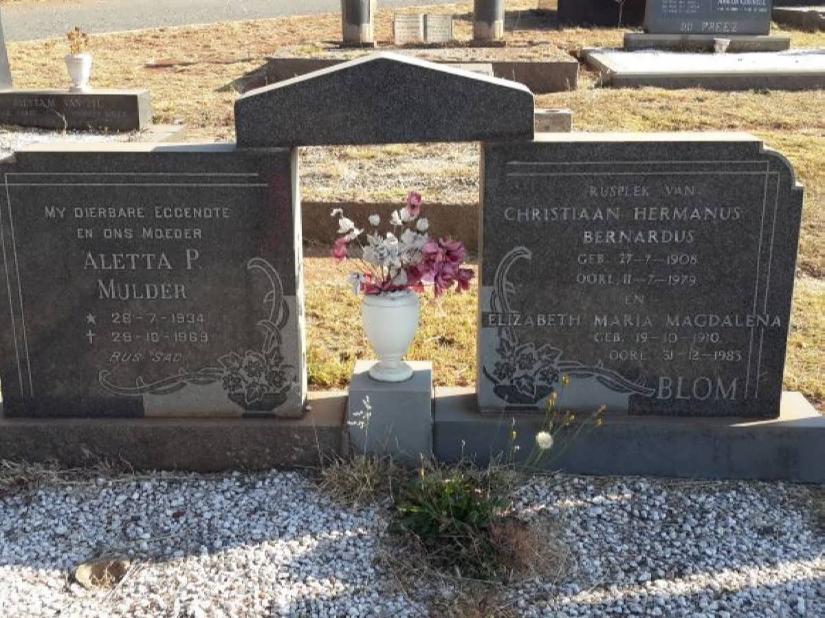 BLOM Christiaan Hermanus Bernardus 1908-1979 &amp; Elizabeth Maria Magdalena 1910-1983 :: MULDER Aletta P. 1934-1969