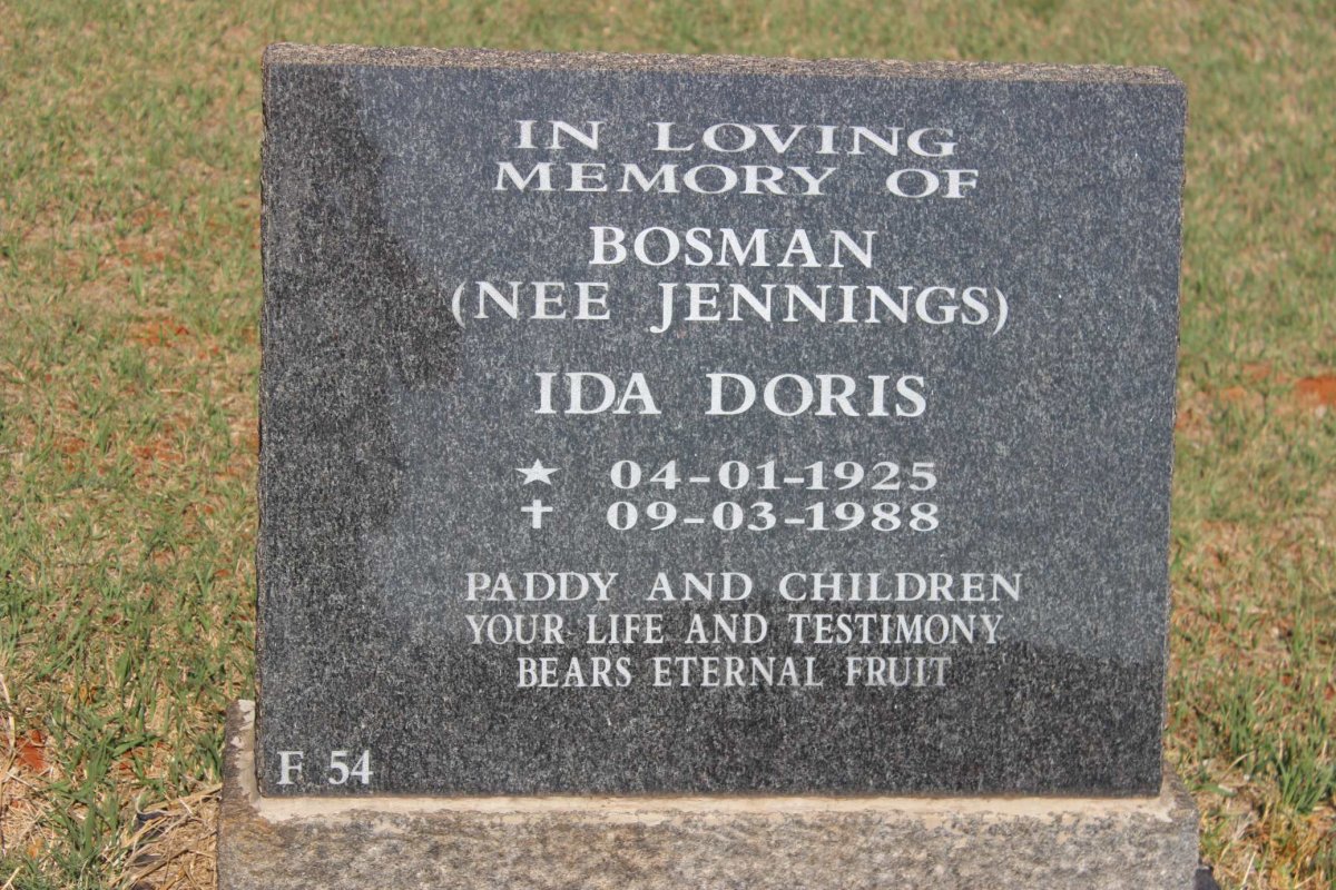 BOSMAN Ida Doris nee JENNINGS 1925-1988