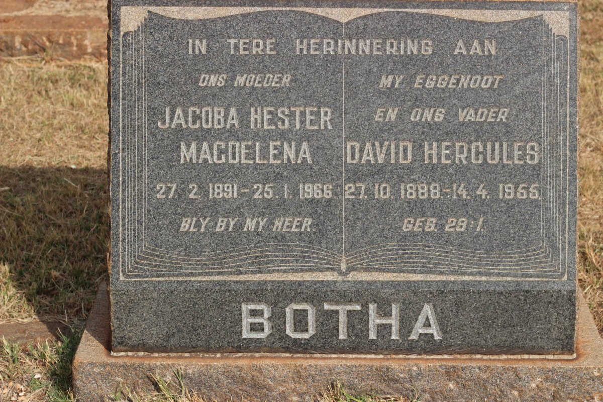 BOTHA David Hercules 1888-1955 &amp; Jacoba Hester Magdelena 1891-1966