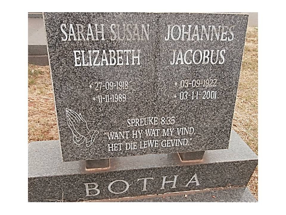 BOTHA Johannes Jacobus 1922-2001 &amp; Sarah Susan Elizabeth 1918-1989
