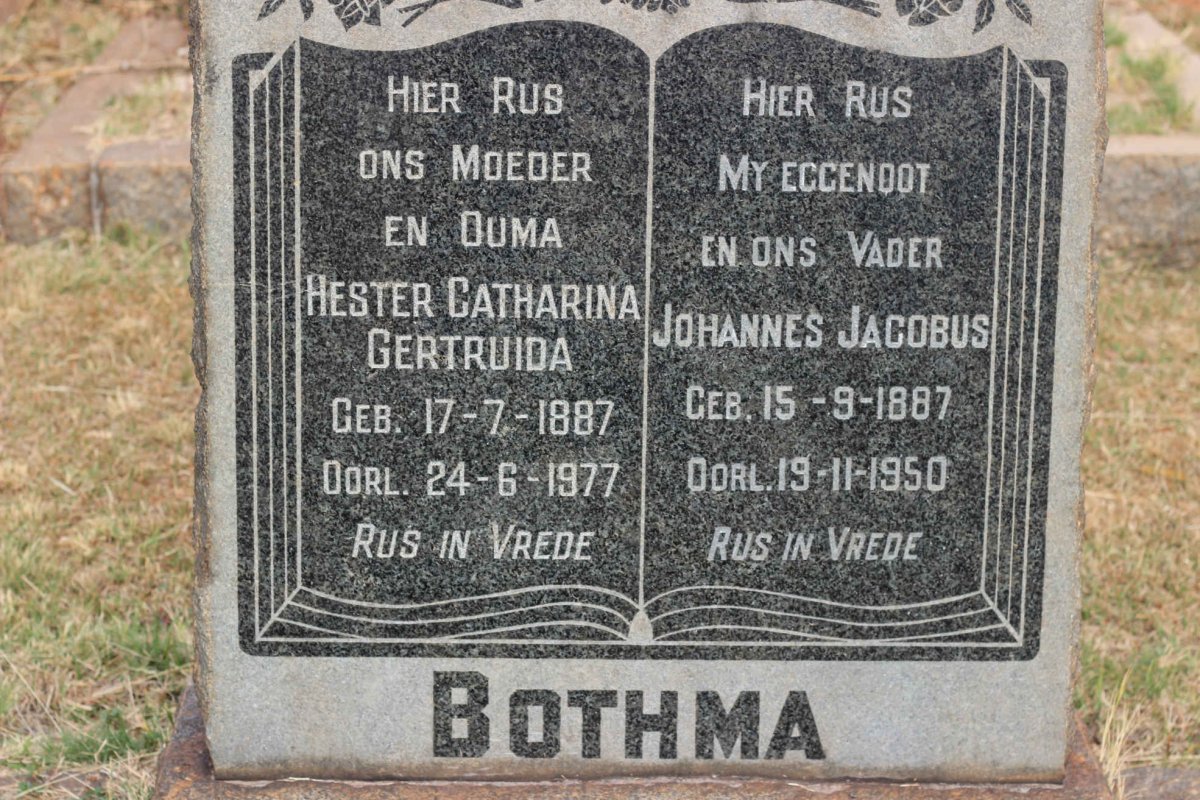 BOTHMA Johannes Jacobus 1887-1950 &amp; Hester Catharina Gertruida 1887-1977