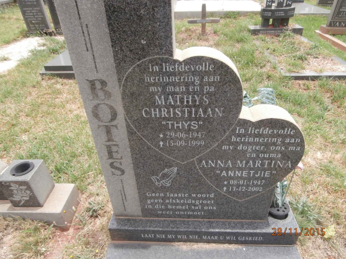 BOTES Mathys Christiaan 1947-1999 &amp; Anna Martina 1947-2002