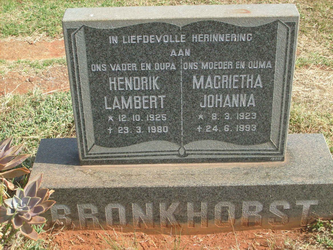 BRONKHORST Hendrik Lambert 1925-1980 &amp; Magrietha Johanna 1923-1993